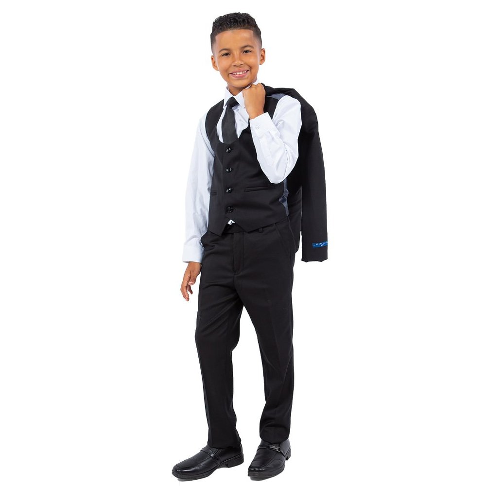 5-Piece Perry Ellis Portfolio Boys Slim Fit Solid Suit, Black - Picture 5 of 8